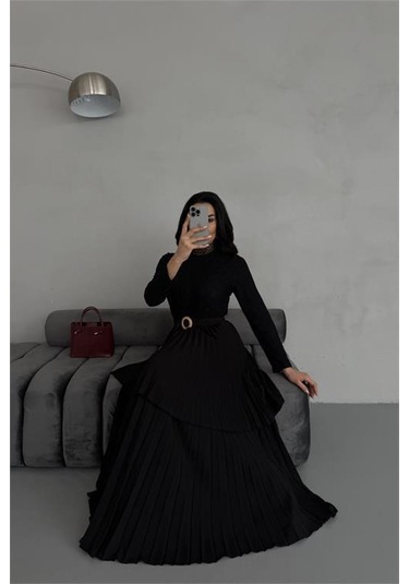 Dipmoda Kadın Krep Kumaş Dantel Detaylı Kemerli Uzun Elbise Dpms2525 Siyah