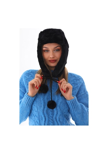 Kadın Siyah Kürklü Kulaklıklı Peluş Şapka Siyah