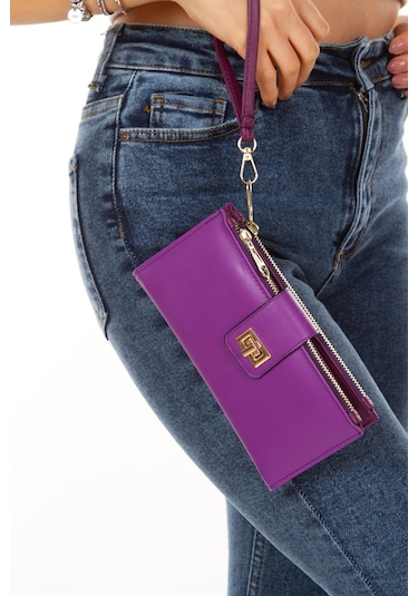 Mor Cüzdan Kağıt Bozuk Para Bölmeli Cüzdan Kilitli Bilek Asılı Siyah