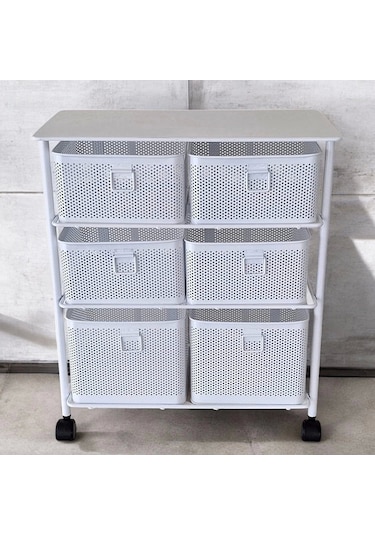 Metal Tekerlekli Paslanmaz Sebzelik 6 Bölmeli 3 Katlı Beyaz Beyaz