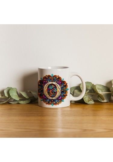 O Harfi Boho Bardak, Renkli Özel Tasarım Hediyelik Harfli Kupa, 330ml Porselen Beyaz