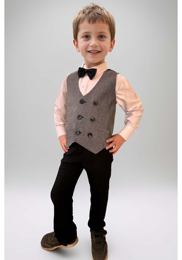 Riccotarz Erkek Bebek Dikey Çizgili Yelek Gri Takım Elbise Gri