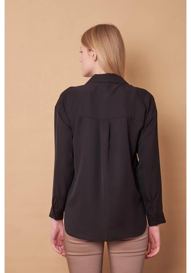 Kadın Yakalı Düşük Omuzlu Uzun Kol Likrasız Kumaş Gömlek-siyah Siyah