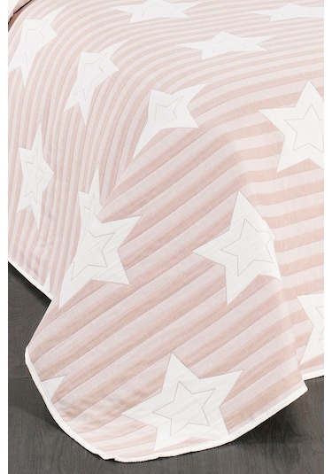 Evlen Home Pedri Yıldız Desenli Pamuklu Tek Kişilik Yatak Örtüsü Pike Takımı 2 Parça Çocuk Yatak Örtüsü Pudra