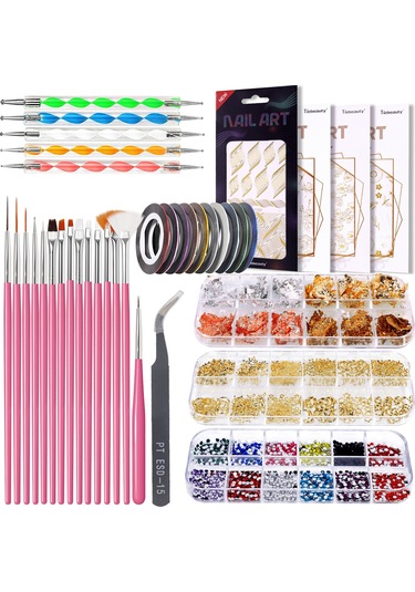 Vkemall Pembe Manikür Aleti Seti: 15 Fırça + 5 Çift Uç Nokta Kalemi + 4 Sticker + 2 Dekor Kutusu + Altın Folyo + 10 Renkli Tel + Pinzet