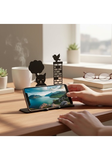 Meditasyon Yapan Kedi Ve Kuş Tasarımlı Dekoratif Metal Telefon Standı