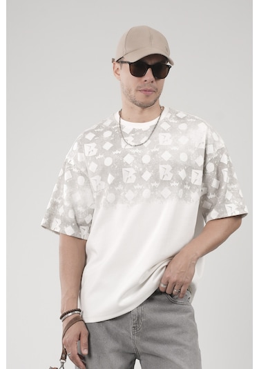 King-Brich Oversize Kalıp Logo Baskılı Bisiklet Yaka Basic Tişört Ekru