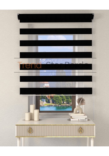 Siyah Bambu Etek Dilimsiz Zebra Stor Güneşlik Perde Siyah