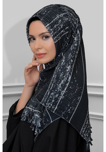 Füme Pratik Hazır Geçmeli Tesettür Eşarp Kesik Elyaf Piliseli Çiz Füme