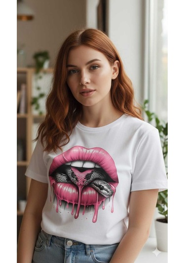 Kadın Beyaz Siyah Yılan Detaylı Dudak Baskılı Regular T-shirt Beyaz