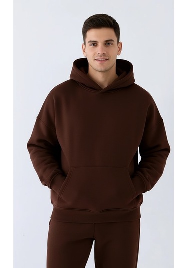 Erkek Kahverengi Oversize Hoodie Sweatshirt Kahverengi