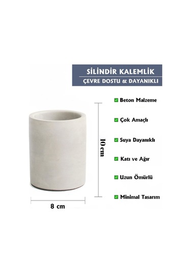 Dekoratif Beton Silindir Kalemlik Çok Amaçlı Organizer Vazo Saksı Ofis Ve Banyo Düzenleyici 8x10 Cm Beyaz