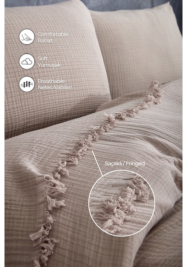 %100 Pamuk Çift Kişilik Müslin Yatak Örtüsü 4 Katlı Yumuşak Battaniye Müslin Pike Takımı 3 Parça Cappuccino Cappucino