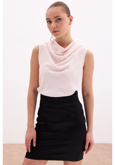 Sateen Degaje Yaka Kolsuz Bluz - Pudra-136017 Pudra
