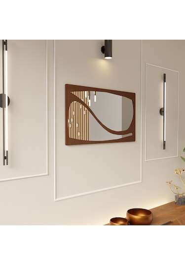 Minimal Ayna Pleksili Ahşap Duvar Dekoru Kahverengi