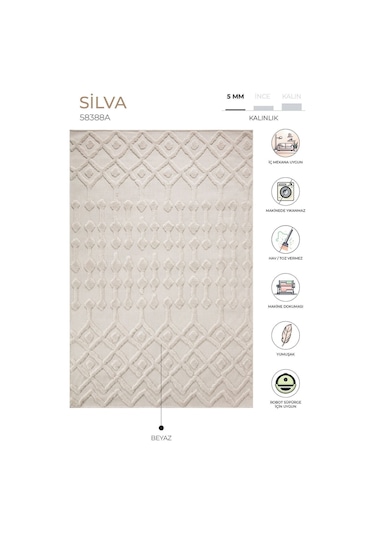 Silva Beyaz Halı Yıkanabilir Halı Balkon Halısı Oturma Odası Kori Beyaz