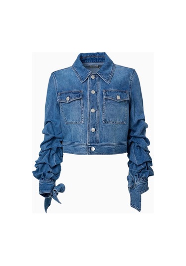 Alice And Olivia Tiff Büzgülü Kollu Kısa Denim Ceket Mavi
