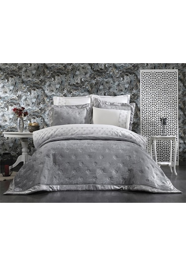 Valeria Lüx Nakışlı Çeyiz Paketi 9 Parça Gri Gri