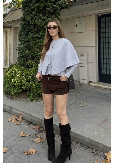 Gri Pelerin Detaylı Triko Hırka - 1317 Gri