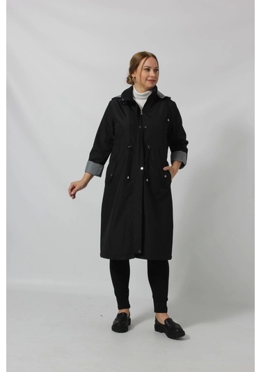 Uzun Astar Detaylı Bondit Trençkot Siyah Siyah