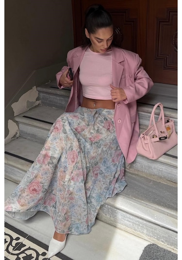 Madmext Ekru Çiçek Desenli Vintage Şifon Maxi Etek Mg2776