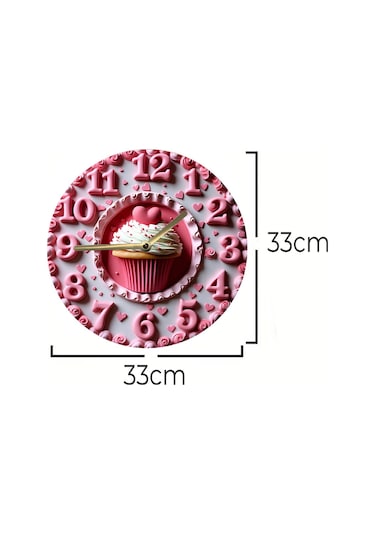 Kalpli Cupcake Temalı Mdf Duvar Saati 33 Cm, 3d Görünümlü, Sessiz Mekanizmalı, 2d Hd Baskı Sdw238 Renkli