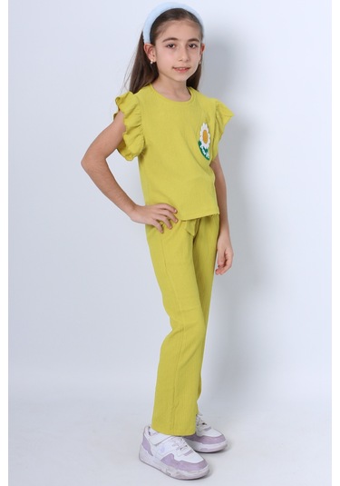 Kız Çocuk İkili Takım Fırfırlı Papatya Nakışlı F11 Yeşil