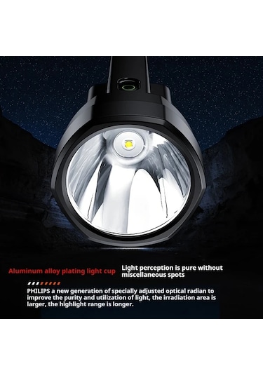 Xuweiwei Philips El Feneri Şarj Edilebilir Ultra Uzun Ömürlü Siyah Büyük Kapasiteli Taşınabilir Arama Lambası Açık Hava Acil Aydınlatma Siyah-