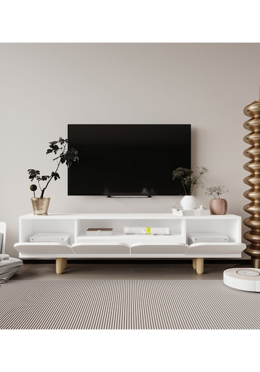 Lazio Bohem Ahşap Ayaklı Tv Ünitesi Tv Sehpası Beyaz