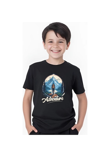Adventure Baskılı Erkek Çocuk Yuvarlak Yaka Kısa Kollu T-shirt Siyah