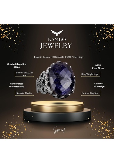 925 Ayar Gümüş Erkek Yüzük - Farklı Yaratılmış Taş Seçenekleri İle Siyah Safir Yaratılmış Taş Gümüş