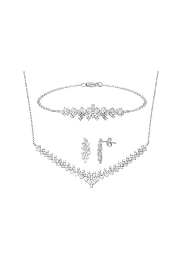Bilezikci Modern Tasarım 14 Ayar Beyaz Altın Hanımeli Set Stpj34133