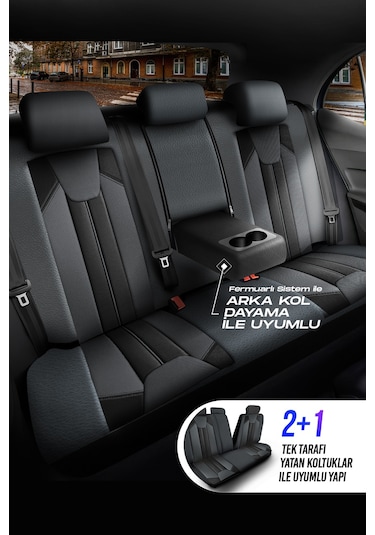 Füme - Siyah Panda Carlone Serisi Ful Deri Oto Koltuk Kılıfı - Tam Set