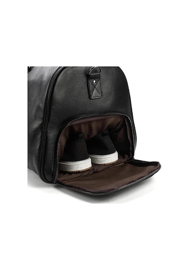 Deri Seyehat Çantası Ayakkabı Bölmeli El Ve Omuz Askılı 8683255012213 Siyah