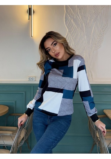 Nnstartshopping Kadın Uzun Kollu Bisiklet Yaka Renkli Blok Baskı Dalgıç Bluz Mavi