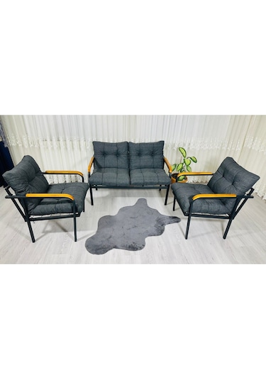 Madame Home Kalanşo Balkon, Bahçe,teras,cafe - Salon - Metal Kanepe Koltuk Takımı Çay Seti 2+1+1 Antrasit