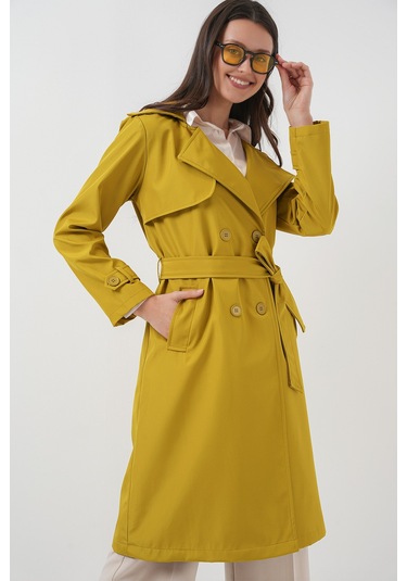 5918 Kruvaze Yaka Trençkot - Yağ Yeşil Yeşil