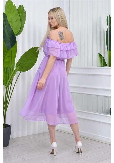 Neşeli Butik Kadın Carmen Yaka Astarlı Şifon Elbise Ry8060 - Lila Lila