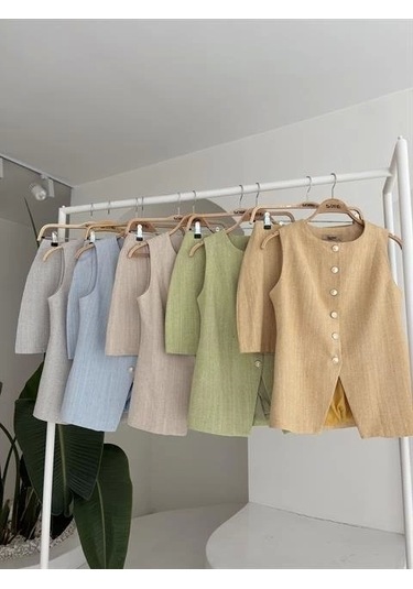 Uzun Yelek Mini Etek Flamlı Keten Takım 10148 Açik Gri