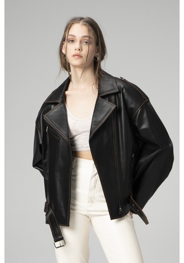 Dericlub Pamela Unisex Silme Oversize Biker Hakiki Deri Mont Siyah/taba Null Siyah