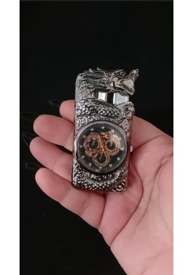 Metal Ejderha Figürlü Saatli Pürmüz Çakmak Çok Renkli