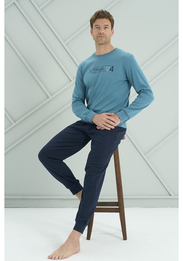 Erkek Interlok Penye Uzun Kol Pijama Takımı 2222 Petrol Petrol