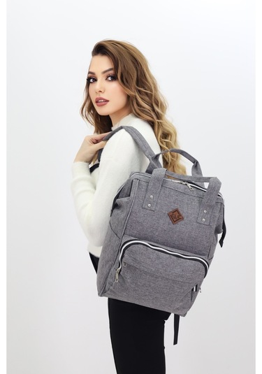 Termal Bölmeli Gri Anne Bebek Sırt Çantası Melanj Kumaş Su Geçirmez Bebek Bakım Çantası Puset Uyumlu Siyah