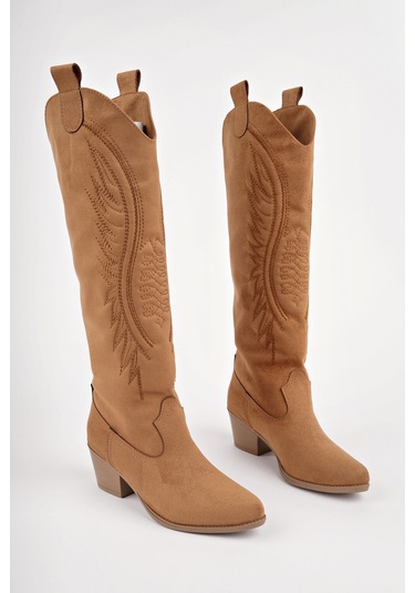 Muggo Rodeo Dikiş Detaylı Kalın Topuklu Kovboy Kadın Çizme TABA SÜET