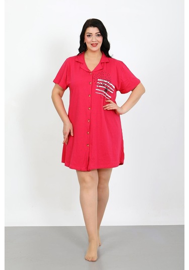 Akbeniz Büyük Beden Penye Düğmeli Fuşya Tunik Gecelik 1025 Fuşya