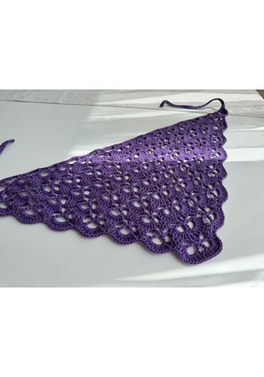 Kadın El Örgüsü Üçgen Saç Bandana / Bel Aksesuarı Mor