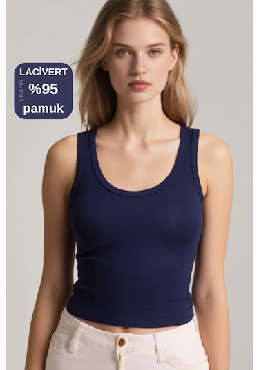 Mrmpro Kadın Lacivert Fitilli Görünümlü Kalın Askılı Basic Atlet Body %95 Pamuk Lacivert