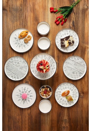 KitchenLife Stackable Ethnical 11 Parça Ayaklı Sunum Servis Tabaklı 6 Kişilik Kahvaltı Takımı Çok Renkli