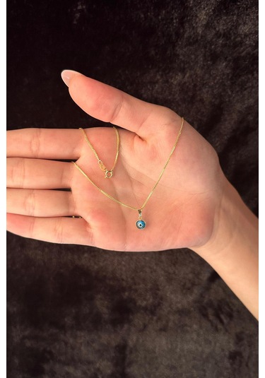 Fiyonk Kuyumculuk 14 Ayar Altın İpek Zincir Mavi Gözlü Nazar Kolye 001