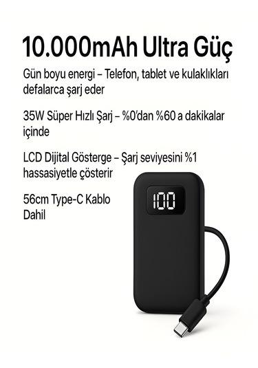 10000mah Lcd Dijital Göstergeli 35w Hızlı Şarjlı Powerbank - 56cm Type-c Kablolu Siyah